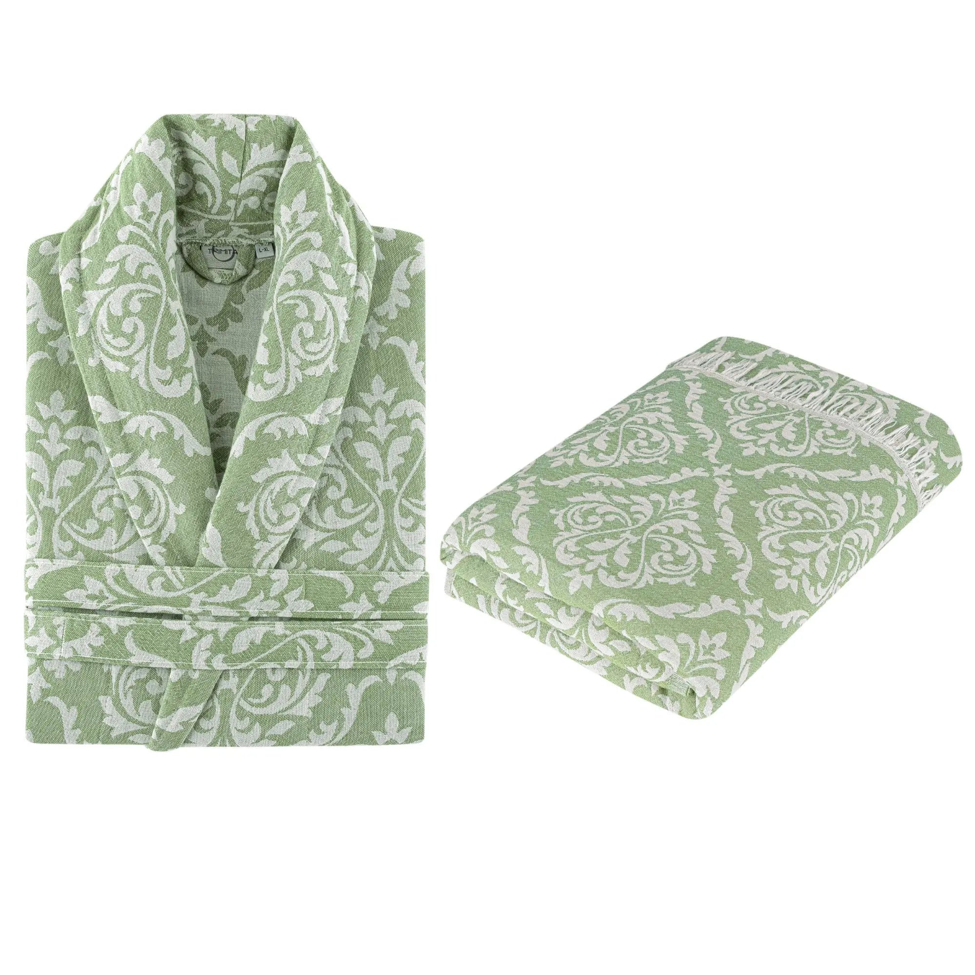 Groene Barok patroon Turkse handdoek, 100x180cm katoenen hamamdoek met witte franjes, luxe damast design strandlaken en wellness doek.