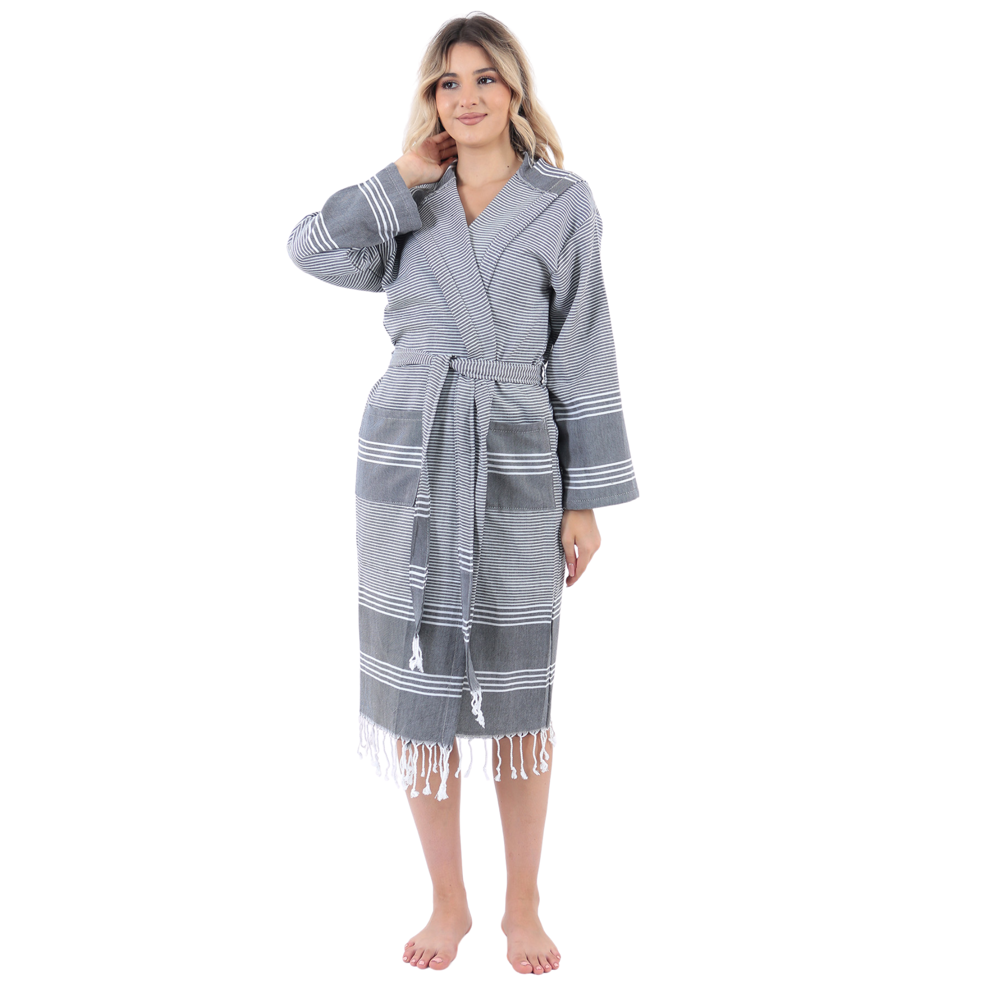 Handloomed black and white striped Turkish cotton bathrobe with hood.