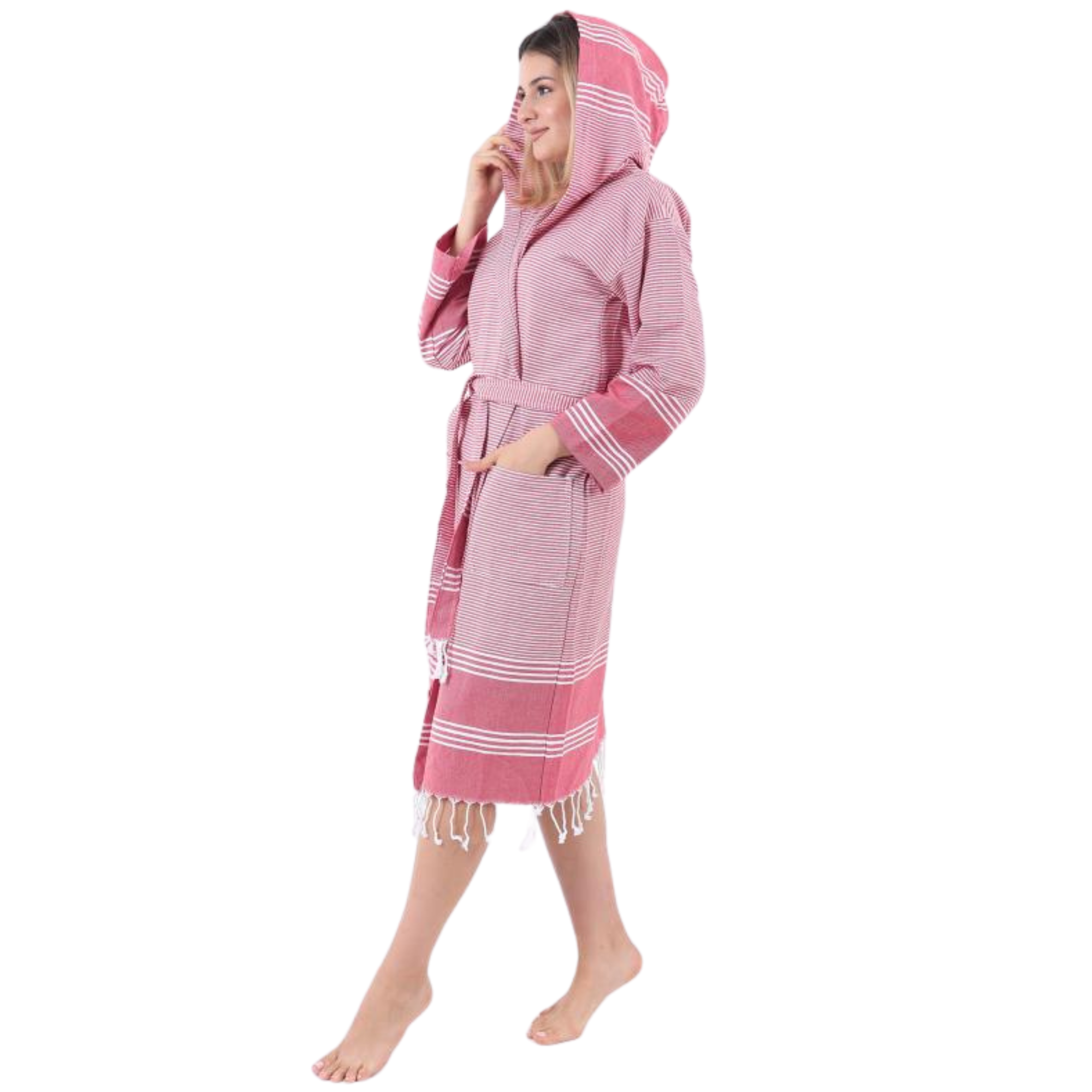 Red and white striped hooded bathrobe with decorative tassels.