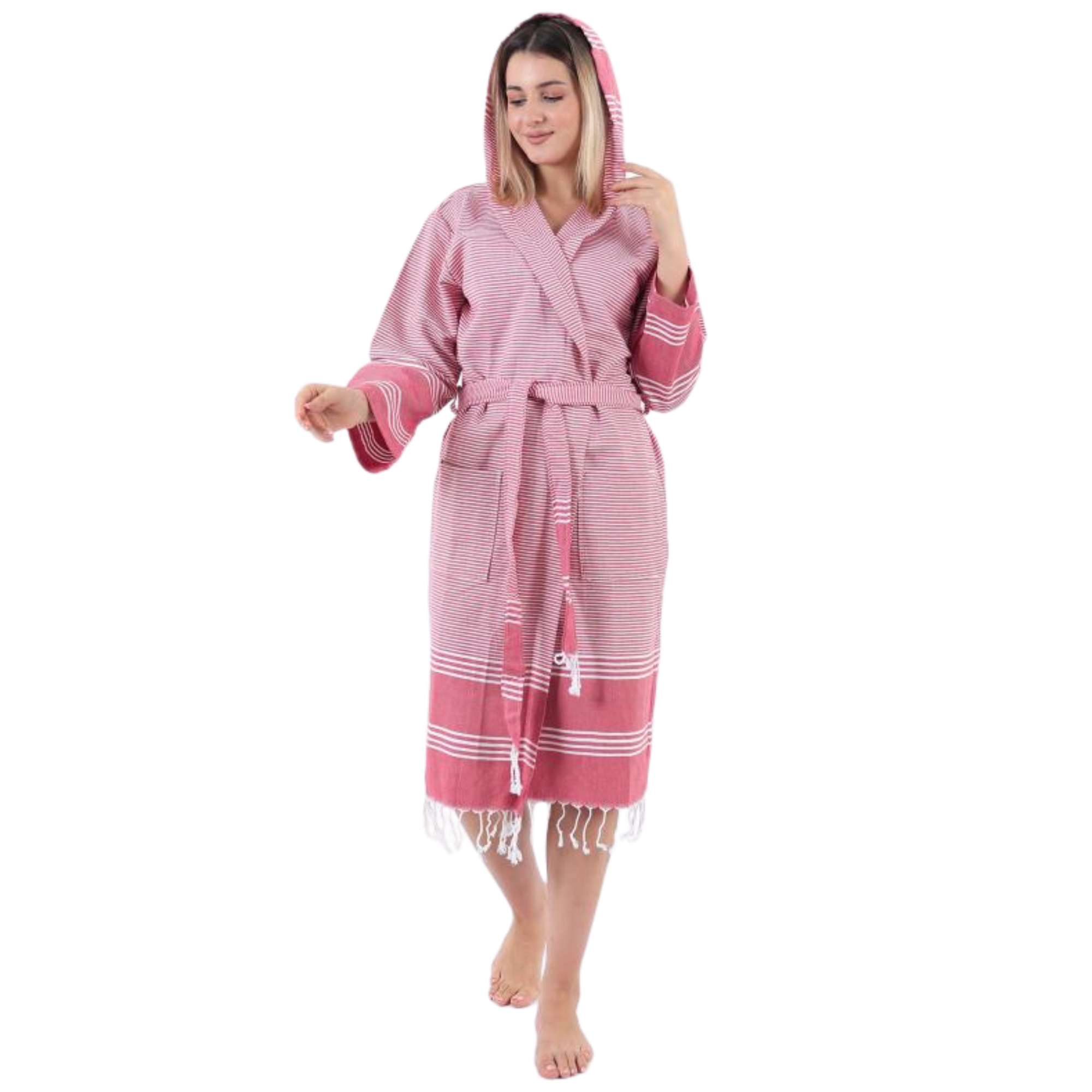 Red hooded Turkish bathrobe with white stripes and tassels