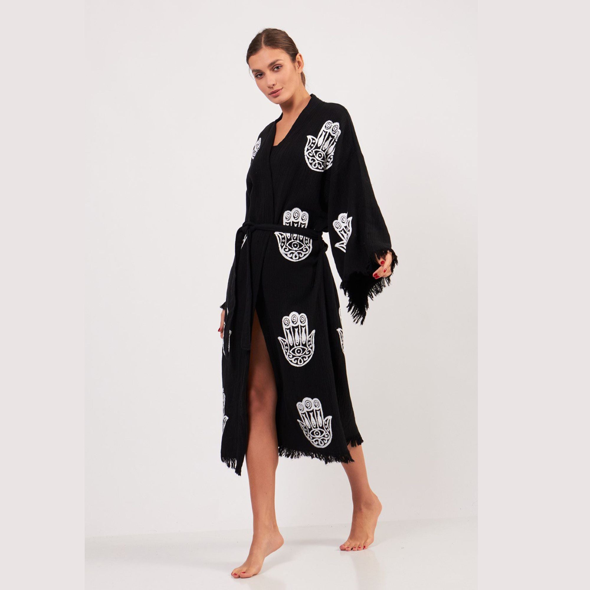 Hamsa Long Kimono Bathrobe-Black