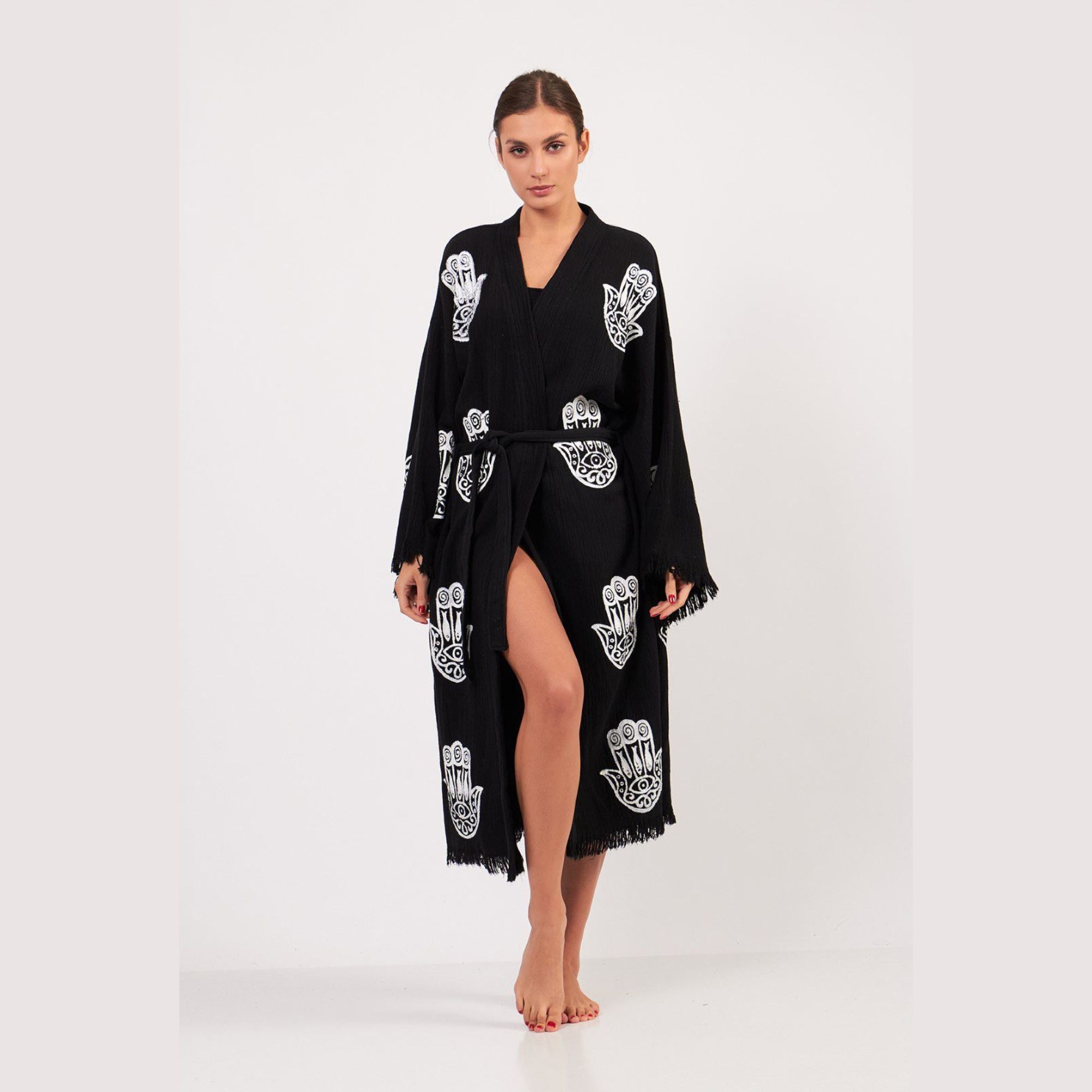 Hamsa Langer Kimono-Bademantel – Schwarz