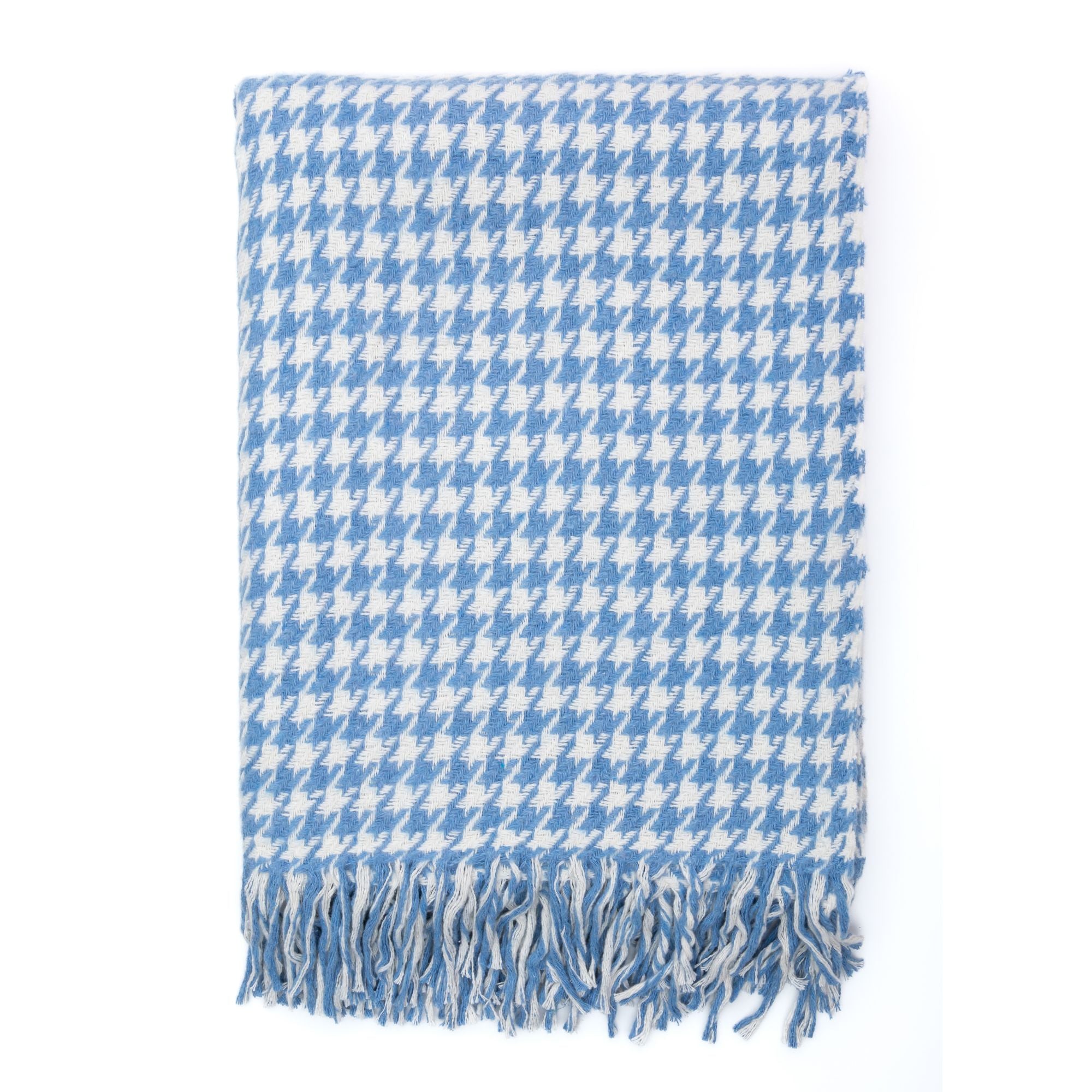 Trimita  |  Blue Houndstooth Luxury Throw Blanket displayed against a pure white background, showcasing its intricate weaving pattern