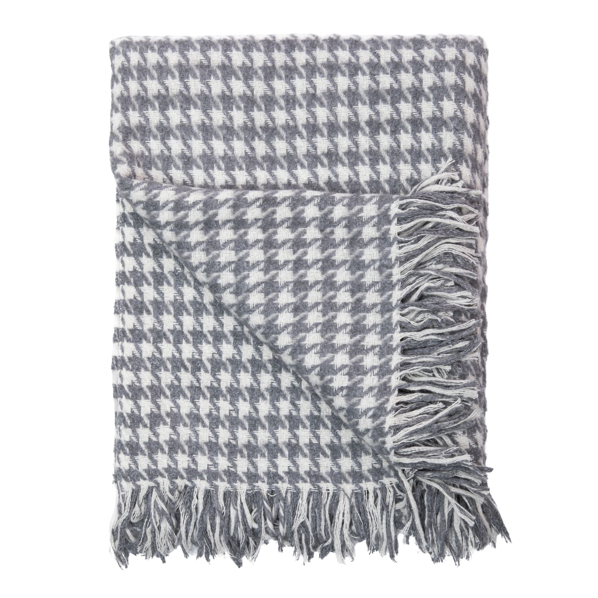 Trimita | Close-up view of the Grey Houndstooth Luxury Throw Blanket on a white background, highlighting the intricate weaving details and texture