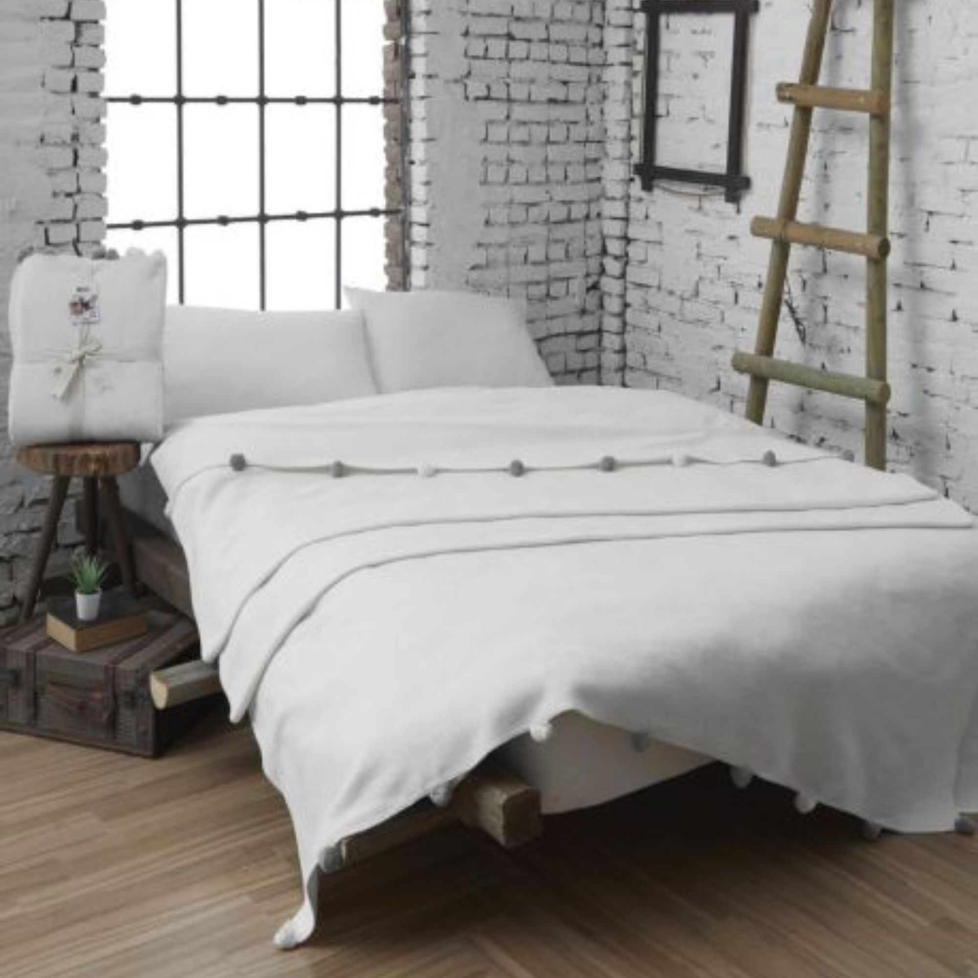 White premium pompom blanket 200x220cm, breathable cotton mix bed throw, elegant winter aesthetic, Trimita home textiles.