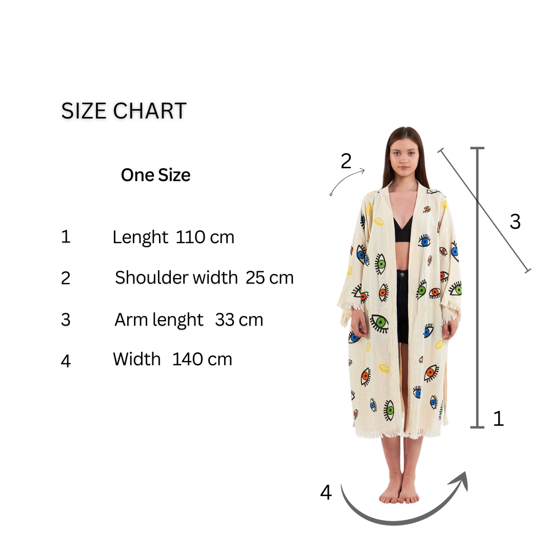 Size chart illustration showing a woman wearing a kimono-style robe with colorful eye patterns. The chart indicates measurements: length 110 cm, shoulder width 25 cm, arm length 33 cm, and width 140 cm.