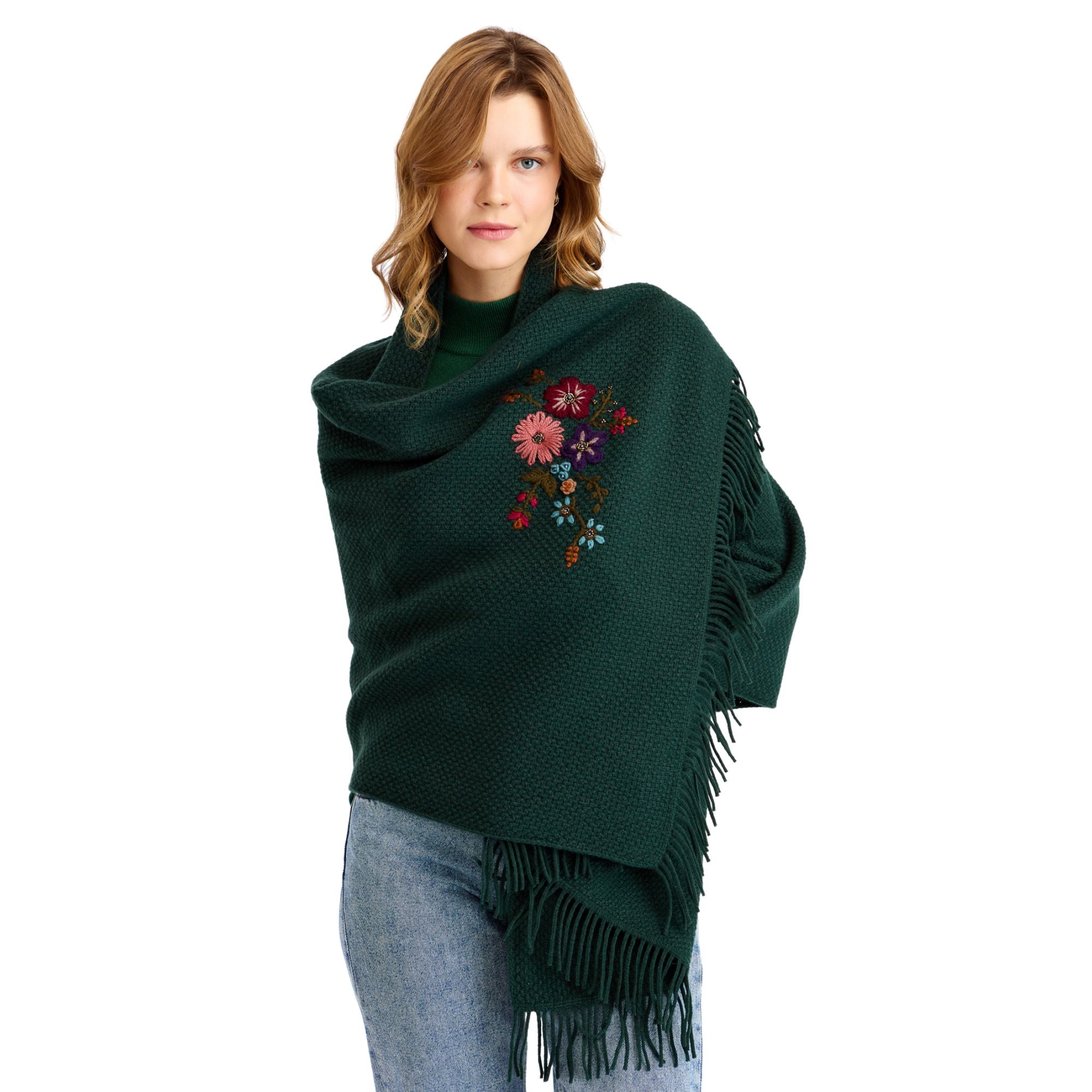 Women's Knitted Brass Embroidered Wool Shawl - 62x162 cm