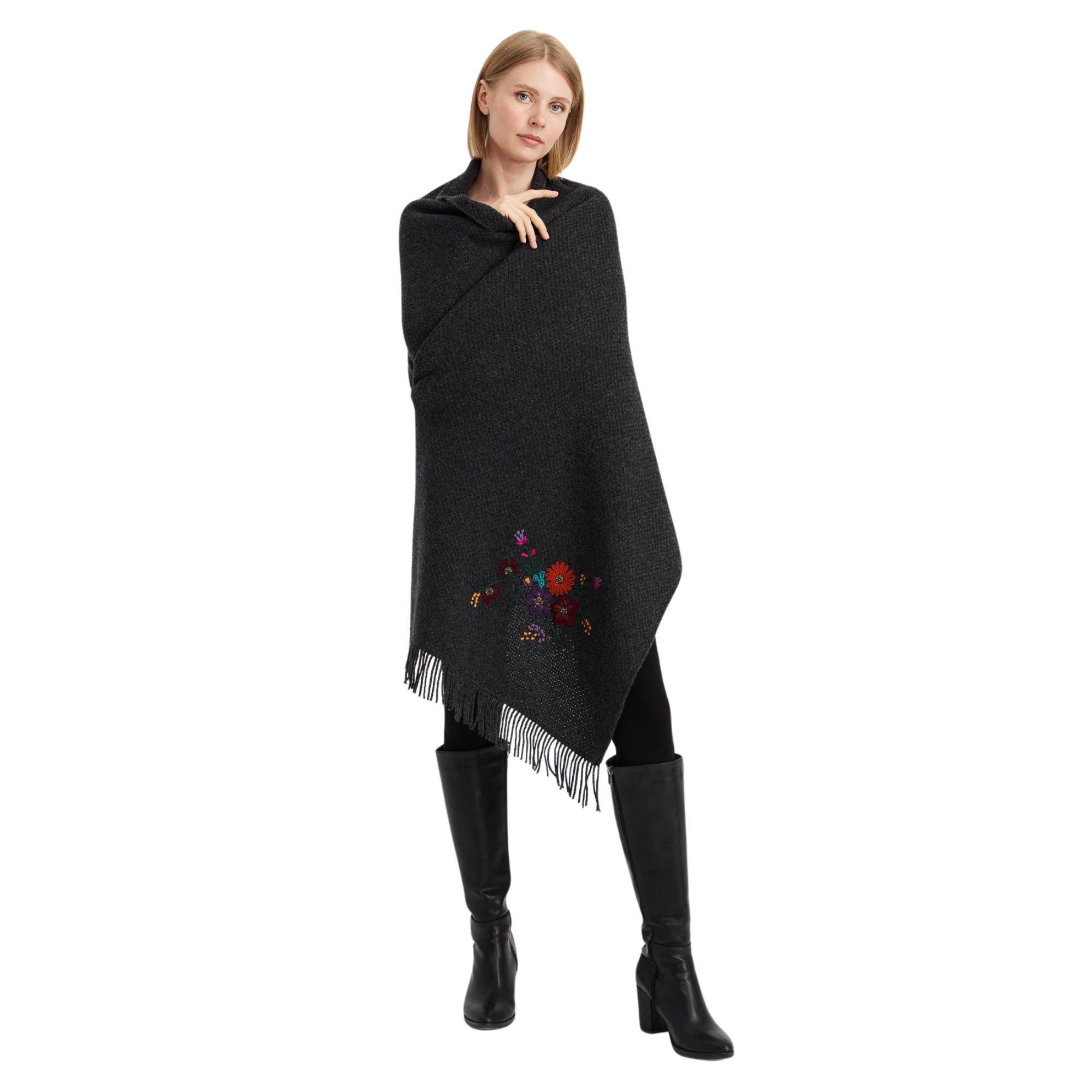 Damen-Strickschal aus Wolle mit Messingstickerei – 62 x 162 cm