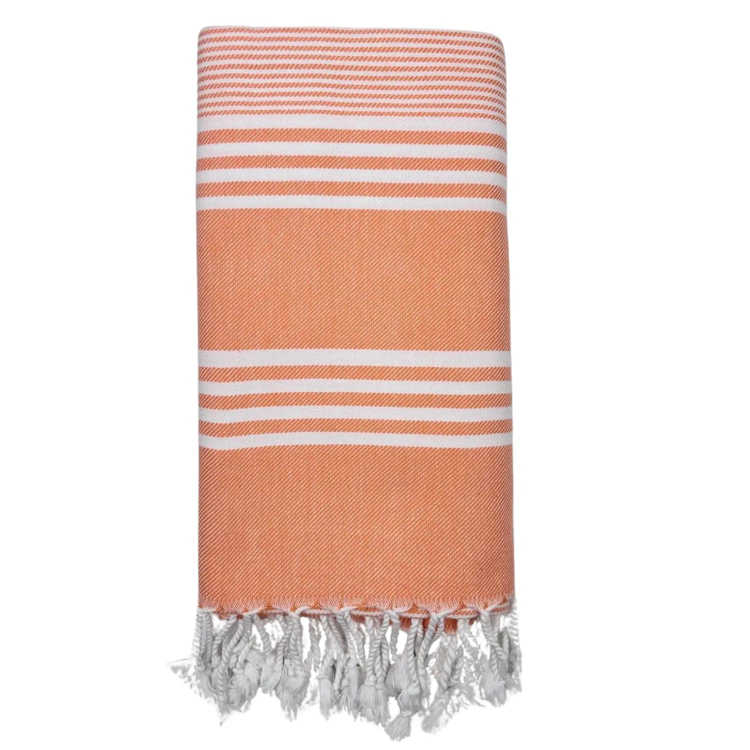 Detailed close-up of the breathable weave and soft cotton texture of an orange Turkish pestemal.