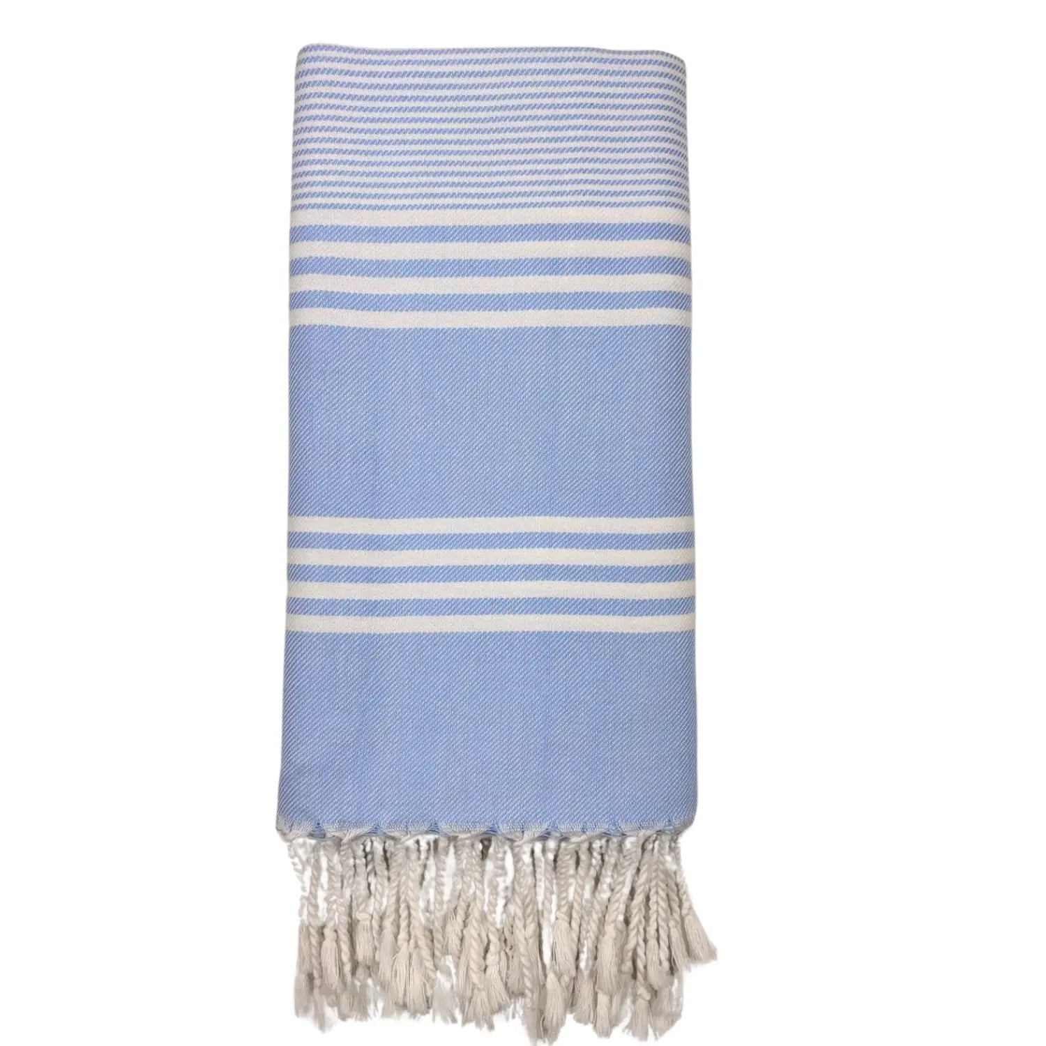 Light blue and white striped Turkish pestemal towel draped over a wooden towel rack.