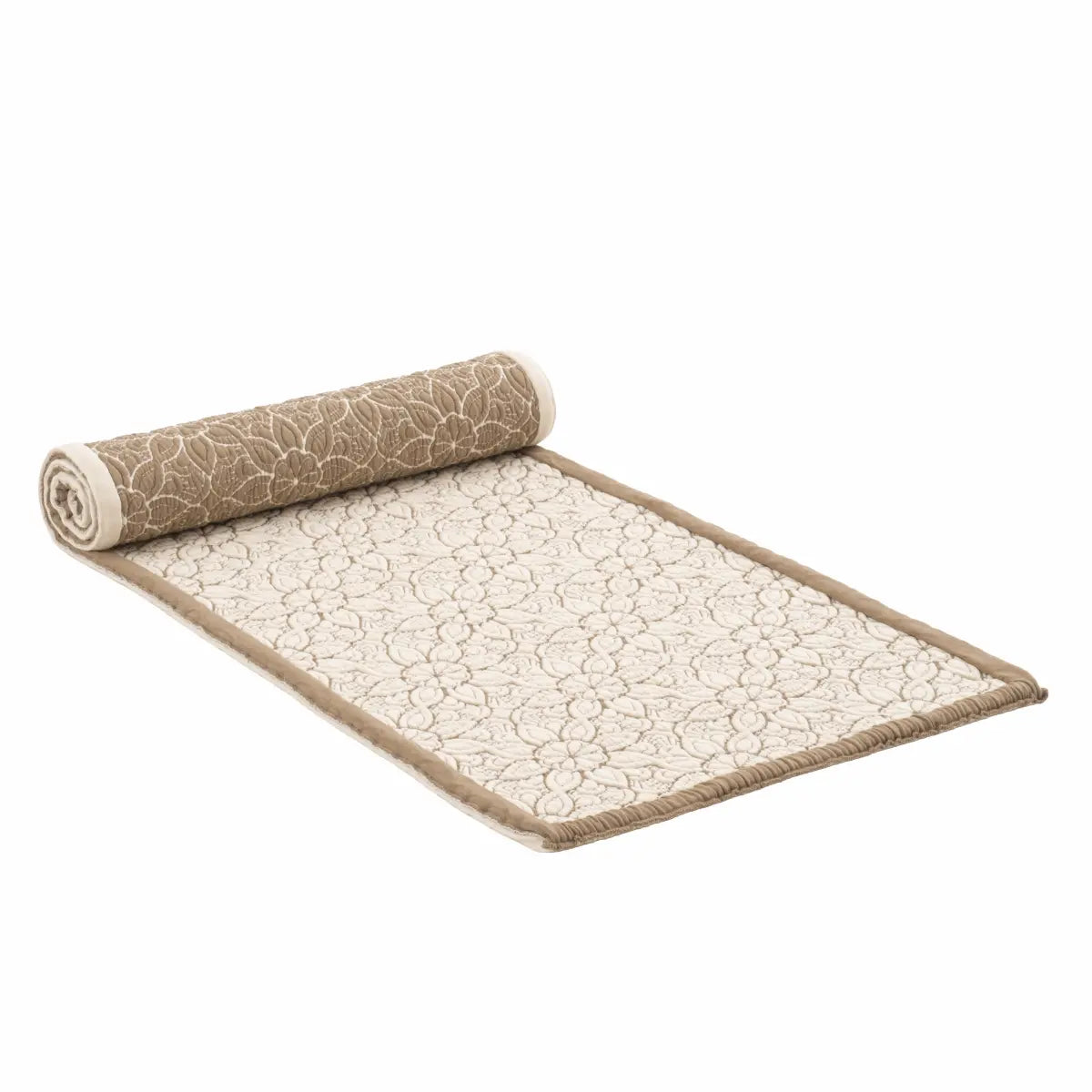 Rolled-up rug with beige and white pattern on a white background