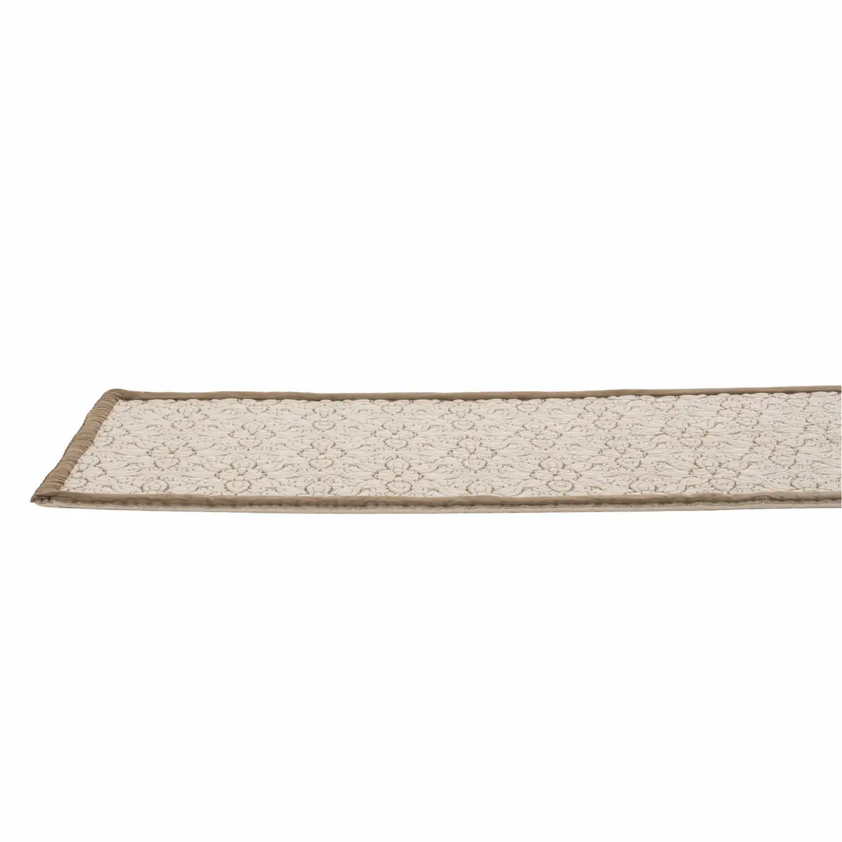 Beige runner rug with brown border on a white background