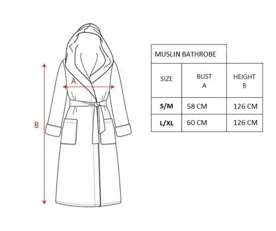 Detailed size chart for a hooded muslin bathrobe showing bust and height measurements for S/M and L/XL sizes.