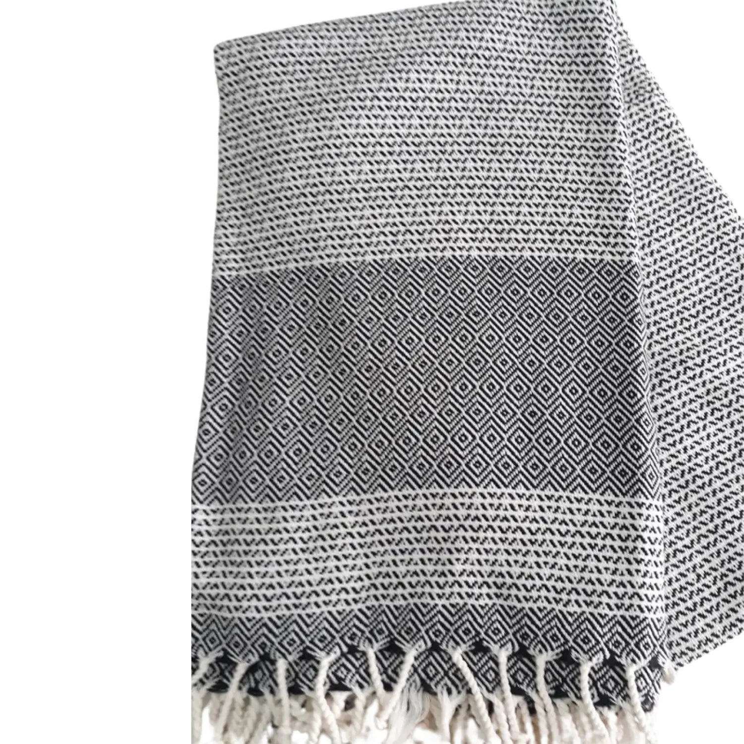 Classic black Spring series herringbone Turkish cotton peshtemal towel with traditional hand-tied tassels.