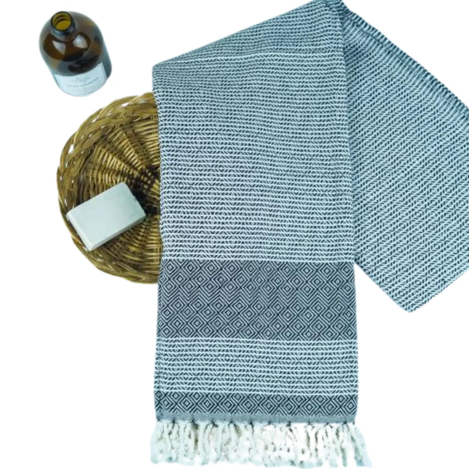 Navy blue Spring series Turkish towel with a detailed herringbone weave and white fringes, made of 100% cotton.