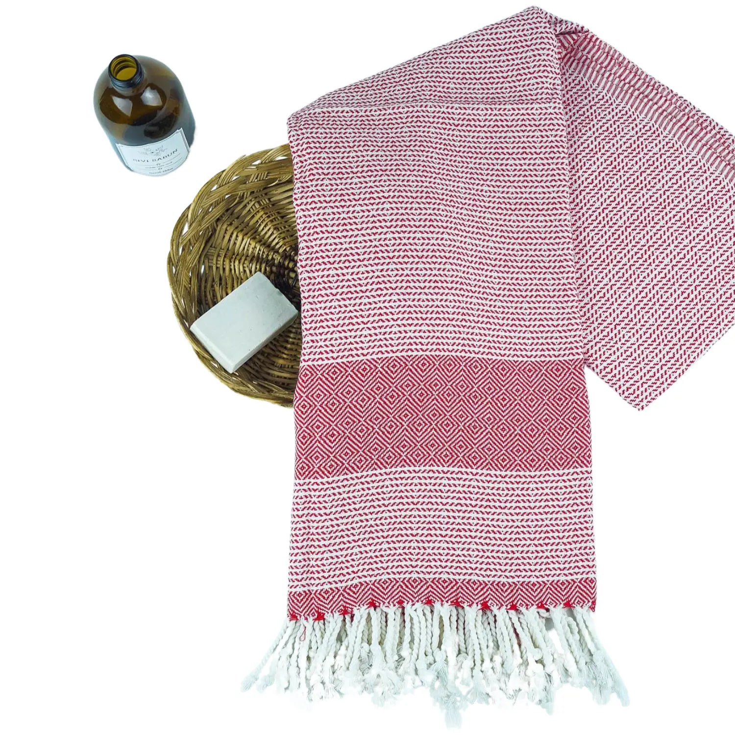 Vibrant red Spring herringbone Turkish towel made of soft, absorbent cotton, versatile for spa or travel.