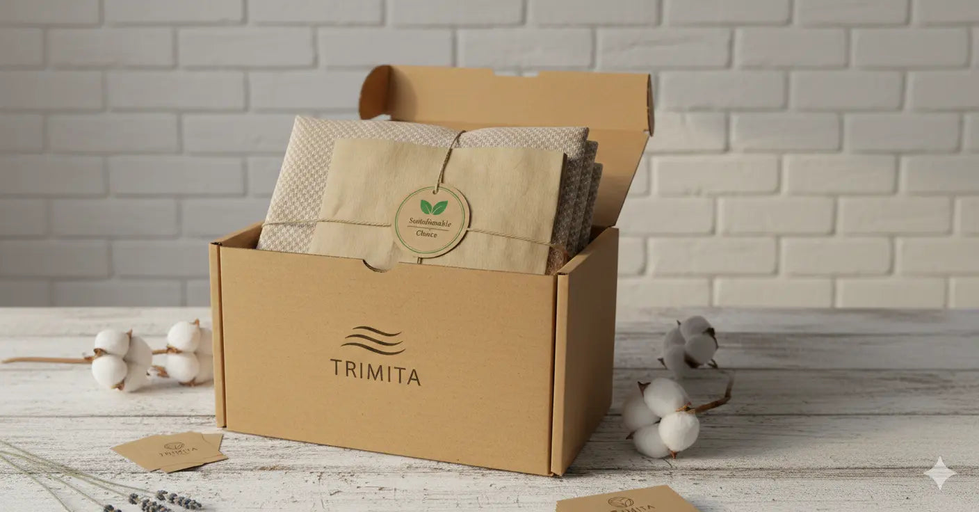 Kartonnen doos met Trimita-branding en producten op een houten oppervlak met een bakstenen muur op de achtergrond.