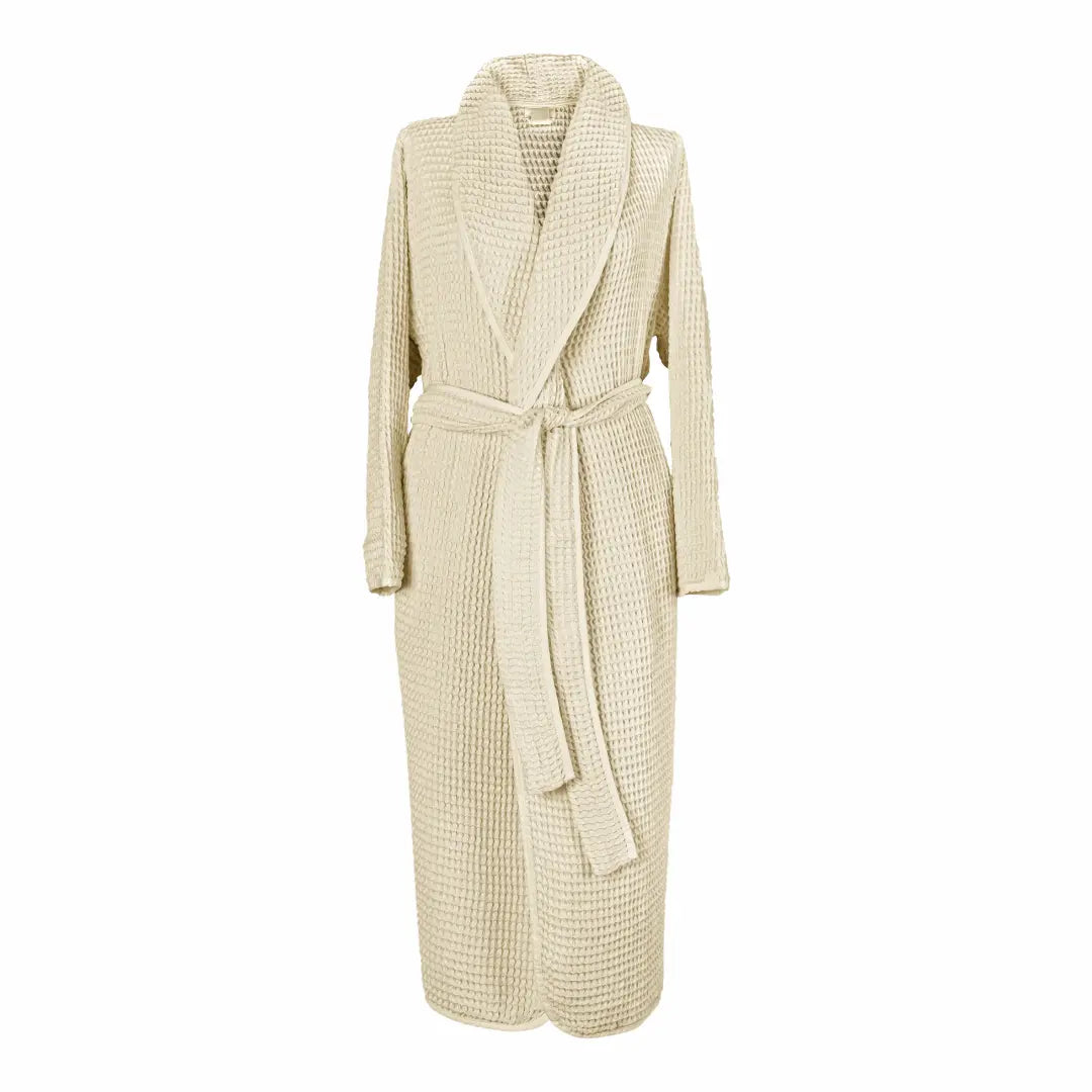 Beige Trimita Soft Waffle robe with a belt on a white background