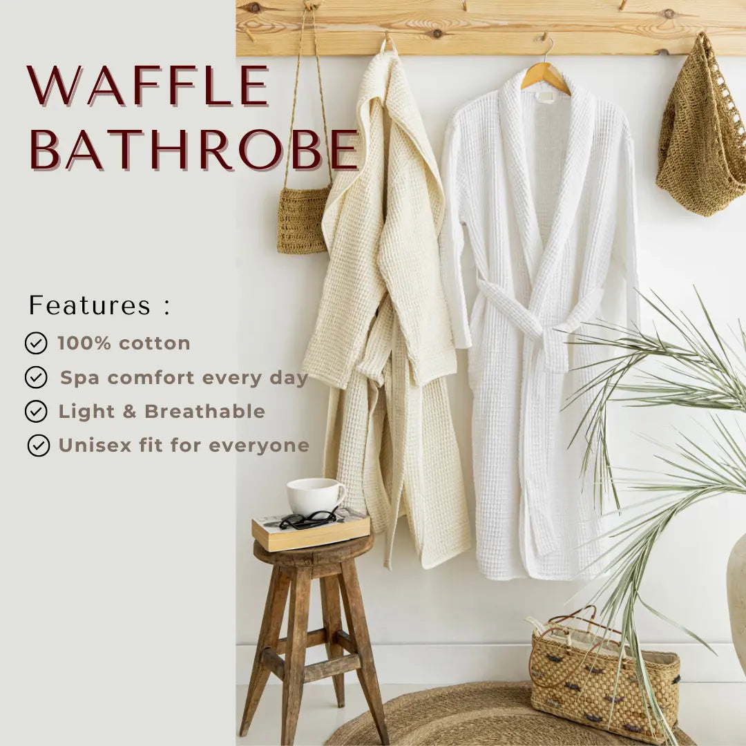 Trimita Waffle bathrobes hanging on a rack with features listed below; %100 Cotton, Spa comfort every day light&breathable, unisex fit for everyone.
