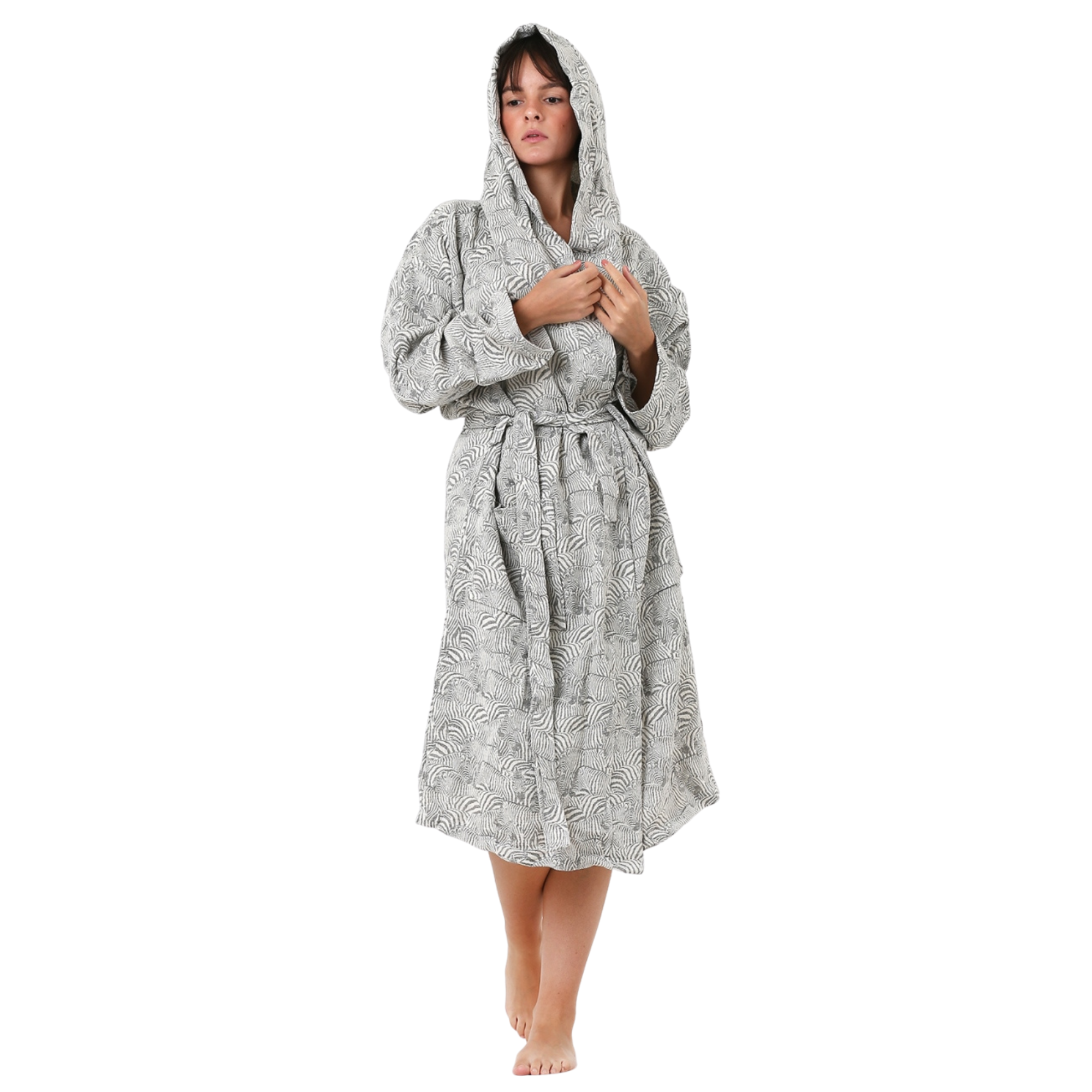 Sustainable hooded Turkish cotton bathrobe for women with a grey leaf pattern, handcrafted by Trimita artisans in Denizli, isolated on white background.