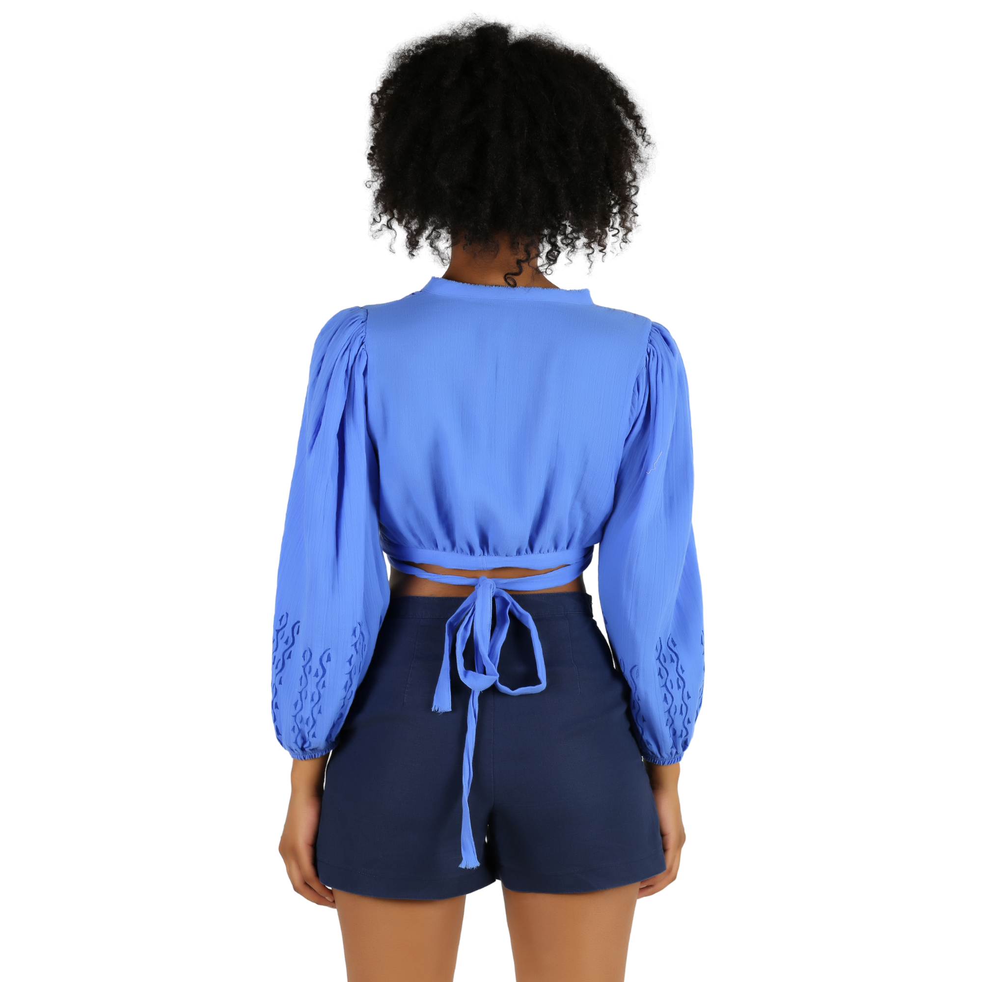 Blue Women Cotton Top, long sleeve, wrap tie back crop top blouse