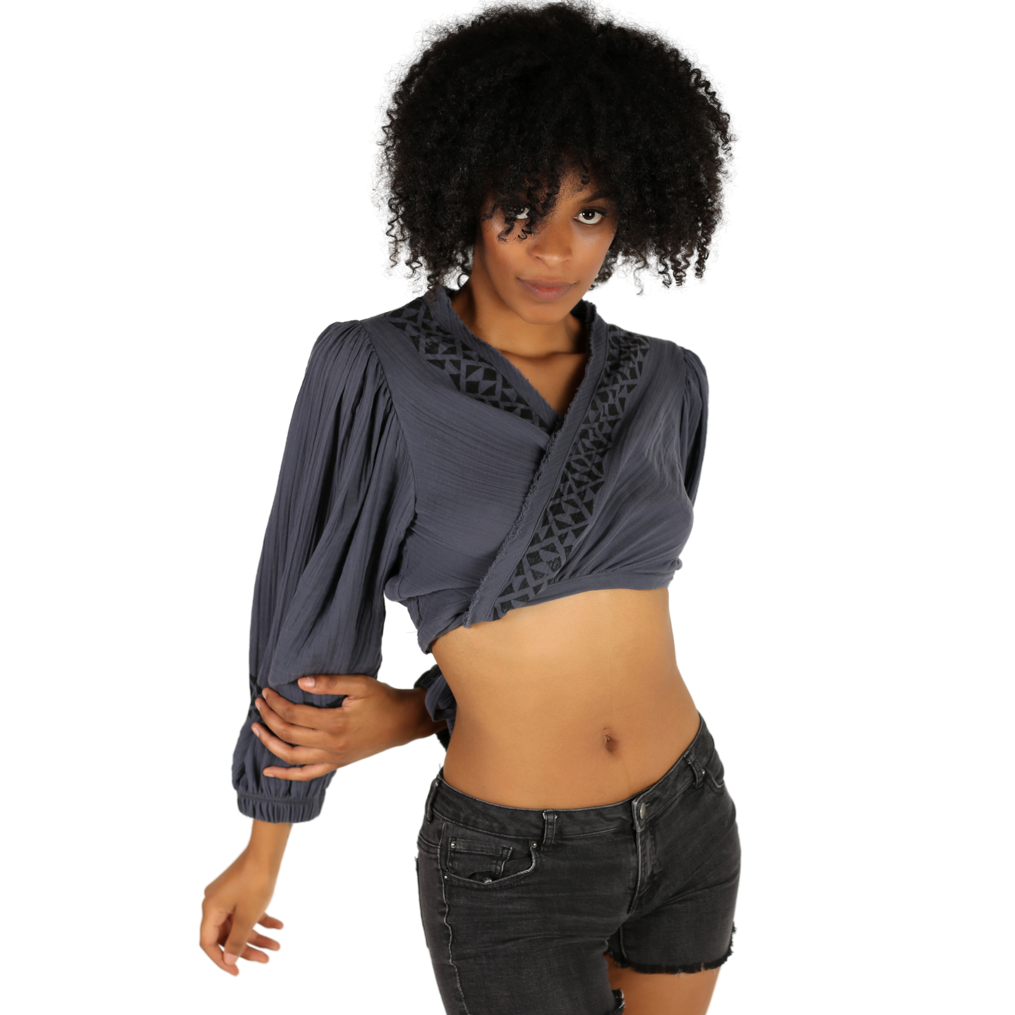 Black Women Cotton Top, long sleeve, wrap tie back crop top blouse