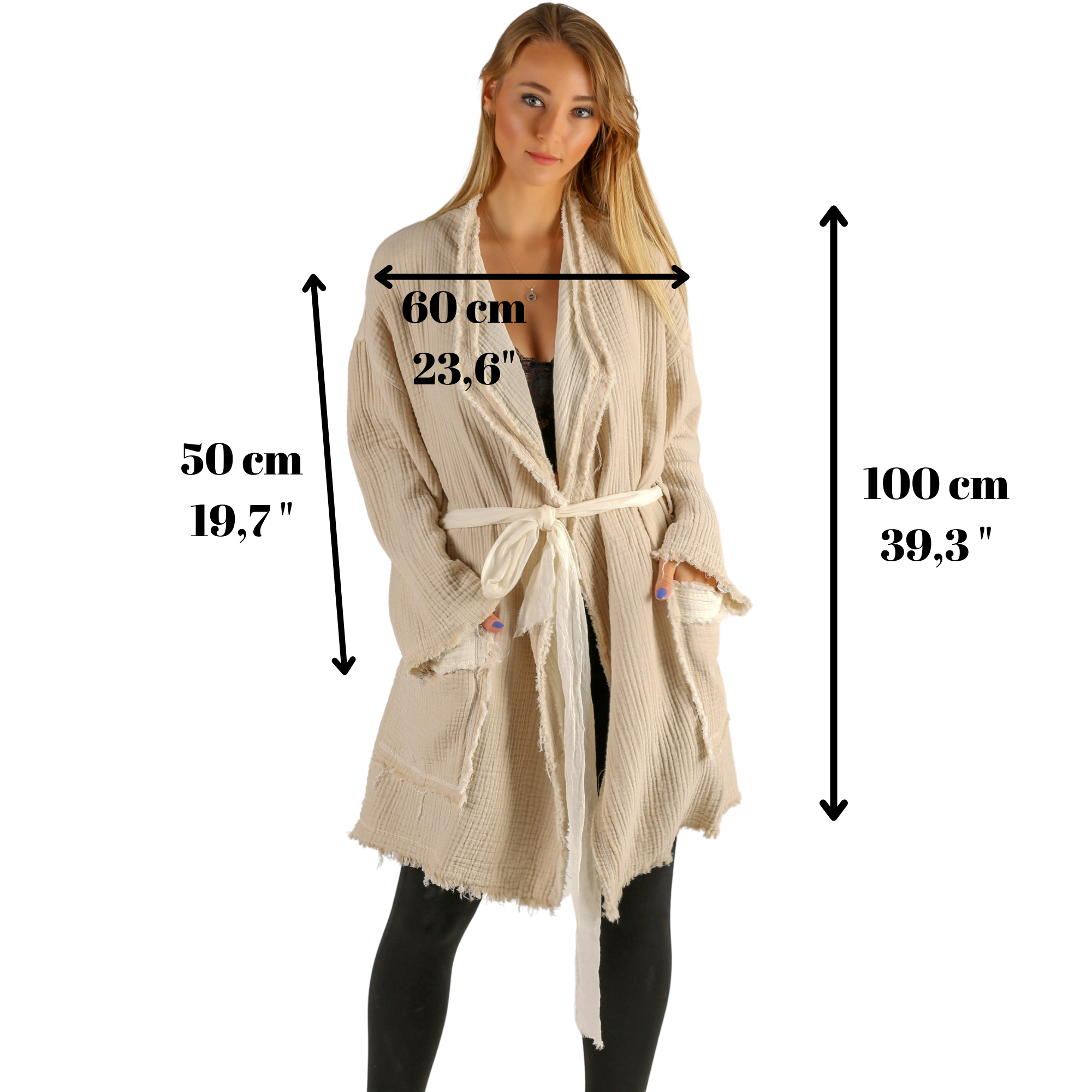 A girl wears natural color muslin jacket, open front, long sleeves, 