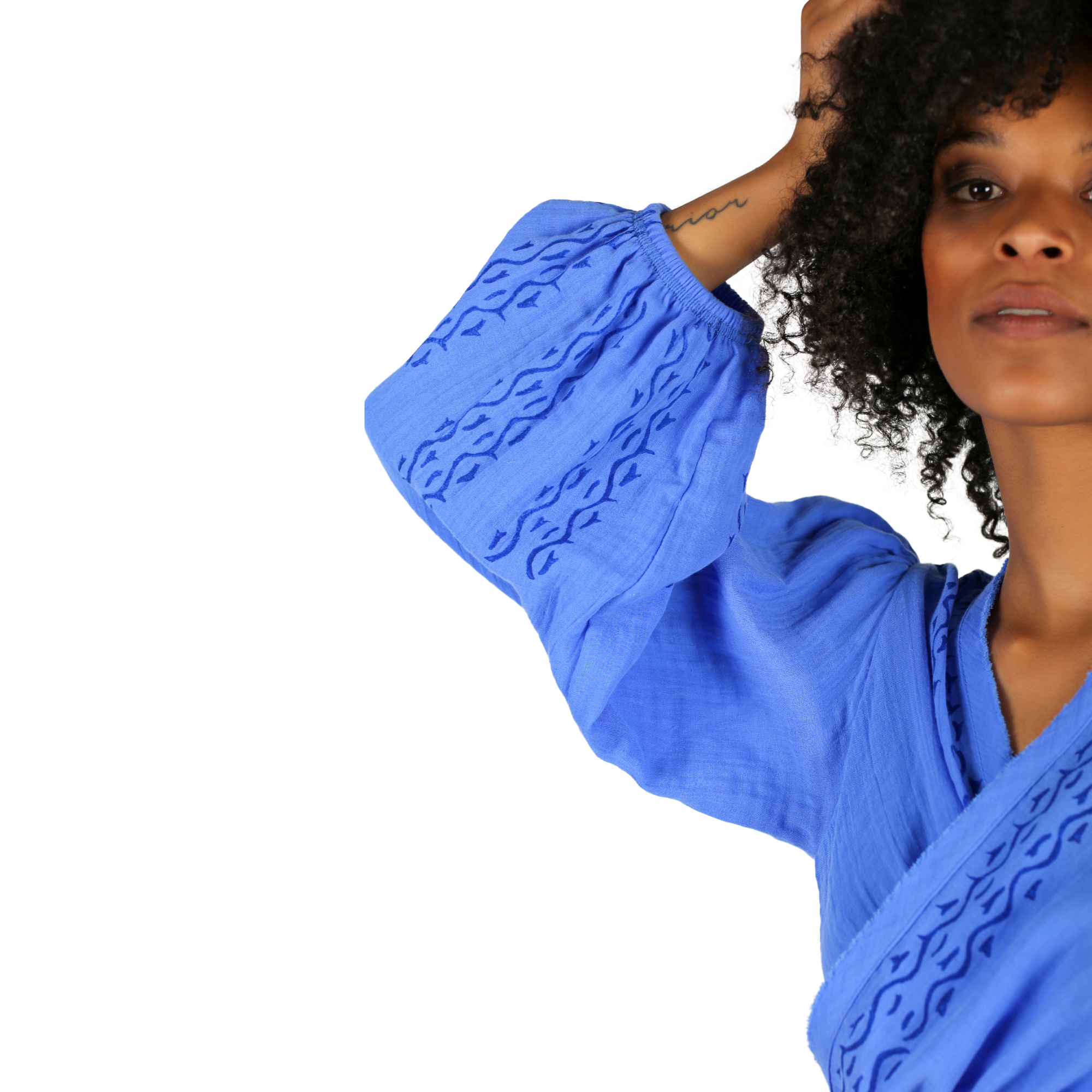 Blue Women Cotton Top, long sleeve, wrap tie back crop top blouse