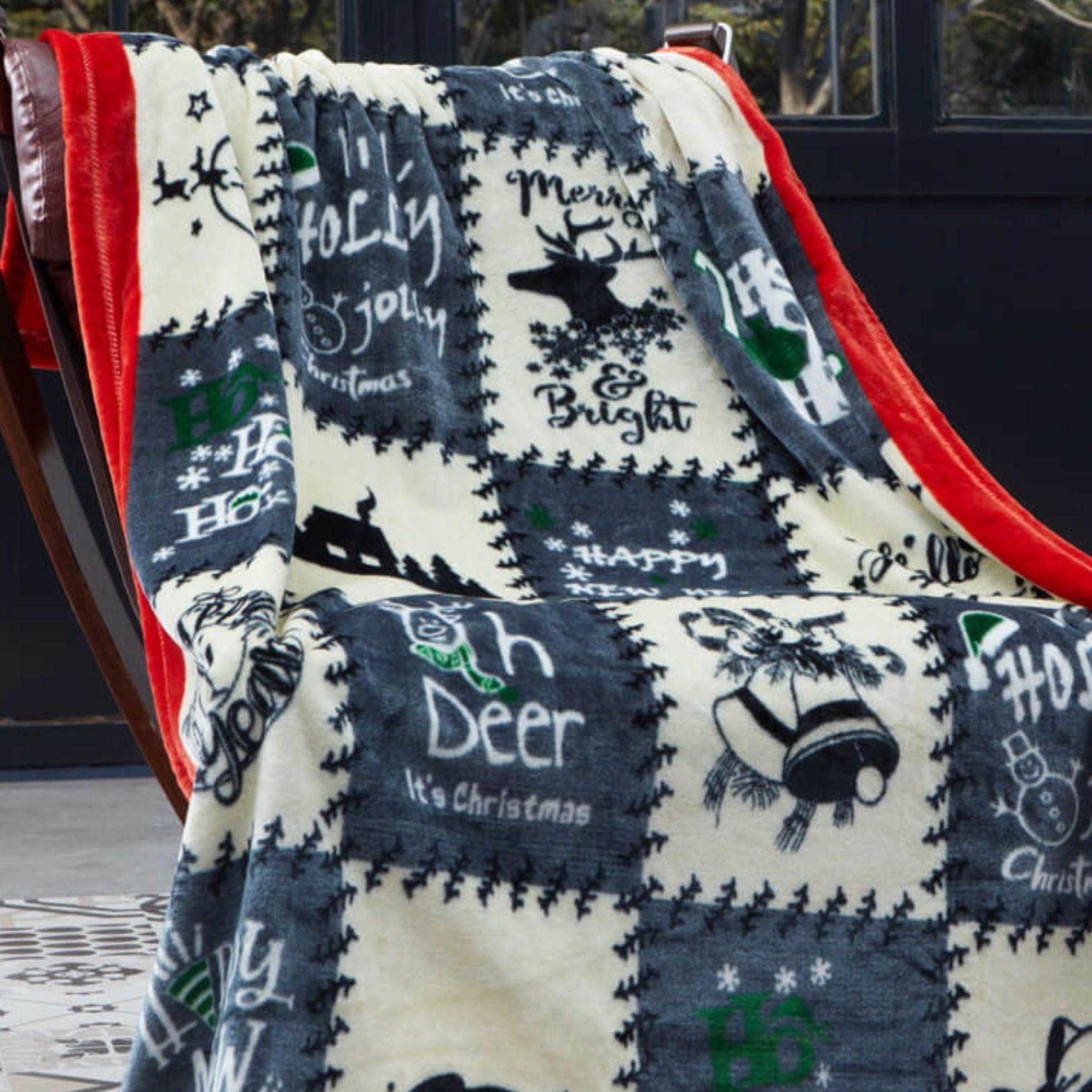 A Christmas blanket with a deer design