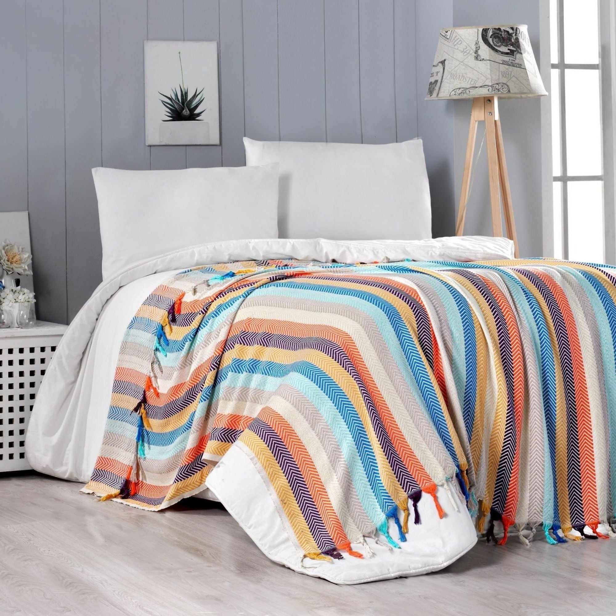 TRIMITA Original Colourful 100% Turkish Cotton Bedspread, Throw Blanket for Couch and Sofa, Extra Large 79"x86", Lightweight and Super Soft