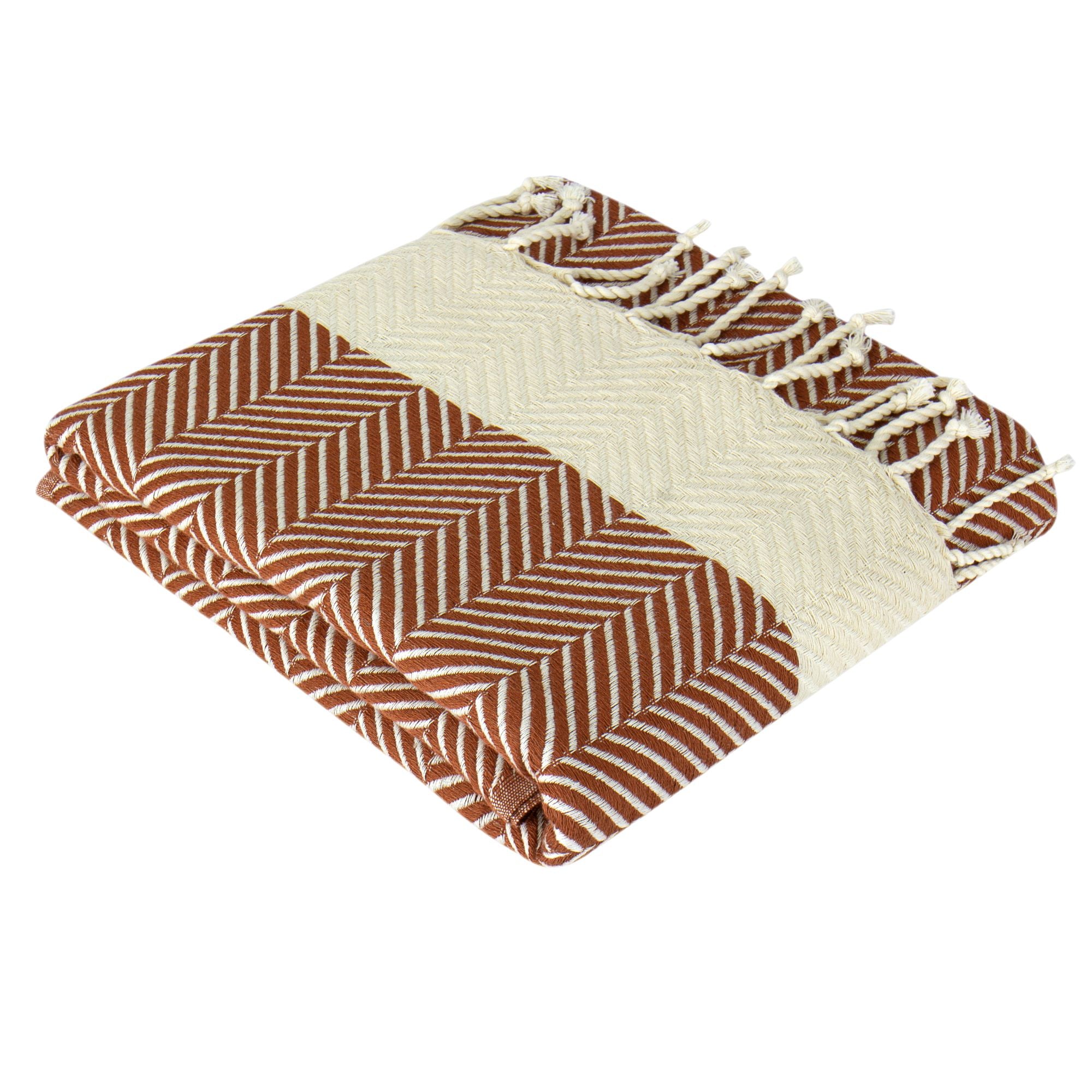 Image of the Hiera Extra Long Turkish Hammam towel. The towel displays a rich color and a distinctive herringbone pattern, hinting at its versatility as a beach or bathroom towel, pool cover, sofa cover, couch throw, and shawl. Its luxurious, quick-drying Turkish Cotton material is subtly showcased.